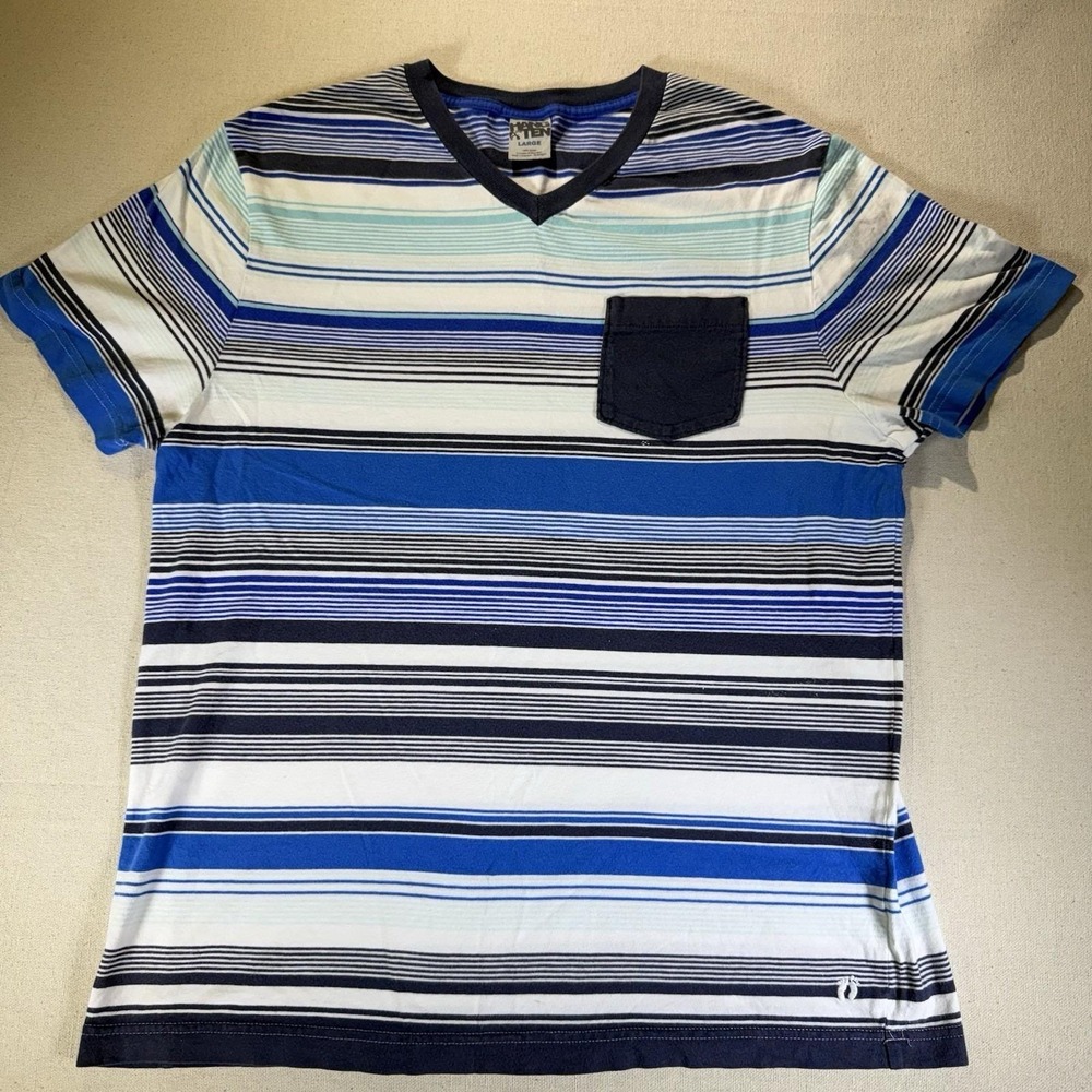 Vintage 2000's Hang Ten Blue Striped Pocket T Shirt V-Neck Large Surf Skate